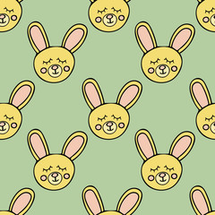 Bunnies with eyes closed hand drawn in doodle style seamless pattern. Easter bunnies, cute animals, sleeping. Background decor design of children room, clothes, textiles, wrapping paper, scrapbooking