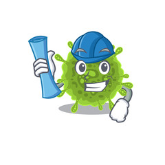 Obraz premium Smiling Architect of coronavirus having blue prints and blue helmet