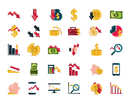 financial business crisis economy money stock market crash icons set isolated icon