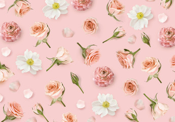 Floral pattern made of pink flowers and rosebuds. Flat lay, top view. Valentines background. Flower background. Warm pattern of flowers. Flowers pattern texture