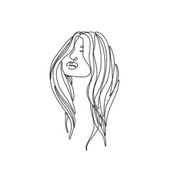Abstract female silhouette, profile of a girl with long hair, continuous line drawing, print for clothes and logo design, small tattoo, emblem or logo design, isolated vector illustration.