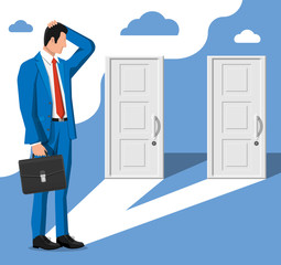 Businessman standing in front of two closed doors. Choice way. Symbol of decision and choice, opportunities or career path, decide direction. Business man before choosing. Flat vector illustration