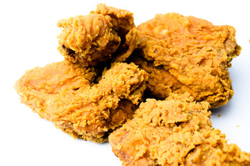 Close up fried chicken on white isolated background