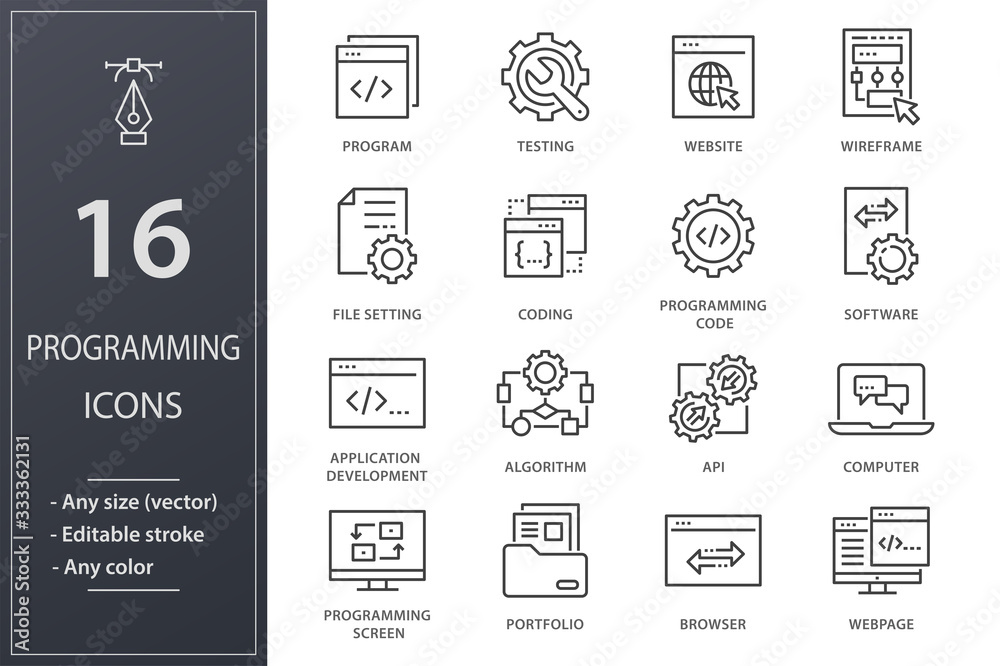 Wall mural programming line icons set. black vector illustration. editable stroke.