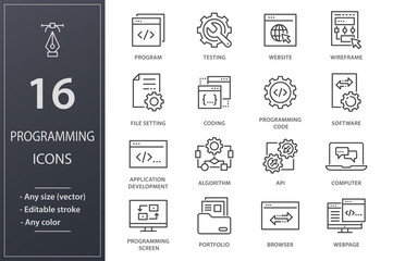 Programming line icons set. Black vector illustration. Editable stroke.