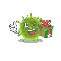 Smiley coronavirus cartoon character having a gift box