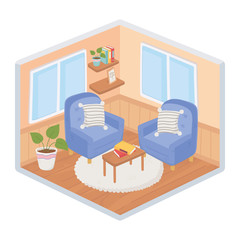 sweet home sofas armchairs cushions plants table with books on carpet living room isometric style