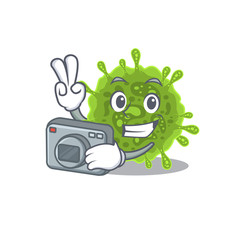 coronavirus mascot design as a professional photographer with a camera