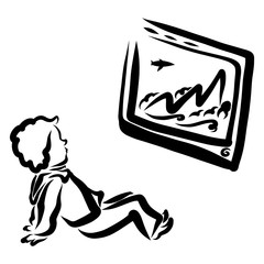 child sitting on the floor watching TV, mountains and a flying plane on the screen