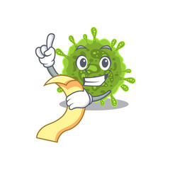 cartoon character of coronavirus holding menu ready to serve