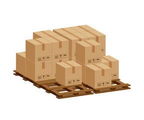 pile crate boxes 3d on wooden pallet, wood pallet with cardboard box in factory warehouse storage, cardboard parcel boxes stack of warehouse factory, packaging cargo, boxes brown isolated on white