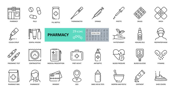 Vector pharmacy icons. Set of 29 images with editable stroke. Online sale medical preparations, equipment, thermometer, syringe, masks, shoe covers, vitamin, cough syrup, first-aid kit, contraceptives