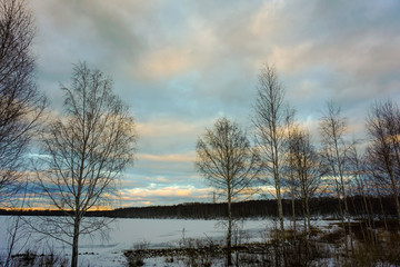Evening crimson sunset on a frozen pond