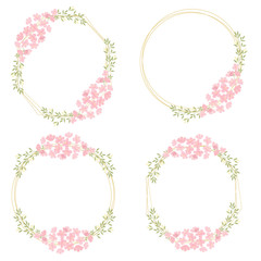 pink cherry blossom flowers wreath with golden frame collection with copy space