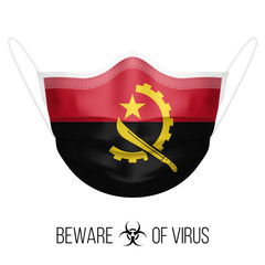 Obraz premium Medical Mask with National Flag of Angola as Icon on White. Protective Mask Virus and Flu. Surgery Concept of Health Care Problems and Fight Novel Coronavirus (2019-nCoV) in Form of Angolan flag