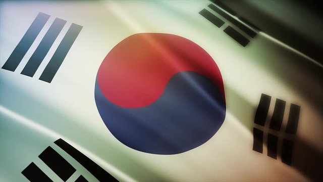 4k Republic of Korea South Korea National flag slow seamless loop waving with visible wrinkles in Korean wind blue sky background.A fully digital rendering;animation loops at 20 seconds.