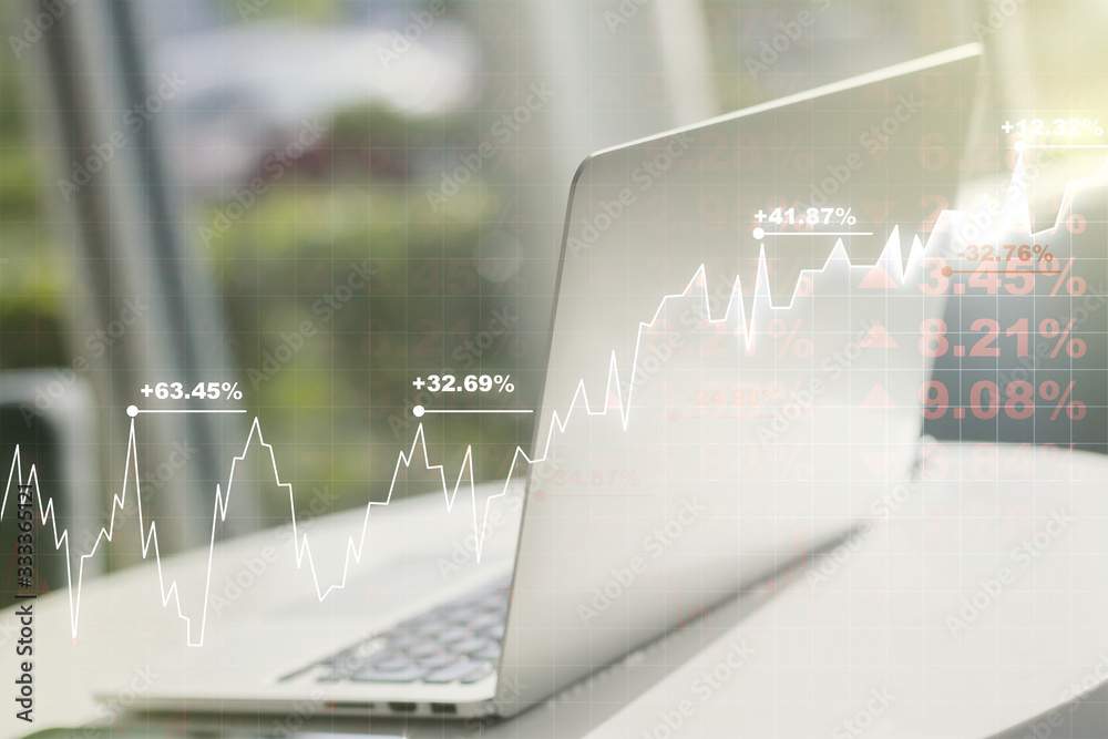 Wall mural double exposure of abstract creative financial chart on modern laptop background, research and strat