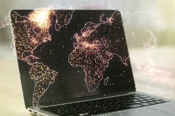 Abstract creative digital world map on modern computer background, globalization concept....