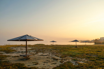 foggy dawn on the beach with umbrellas