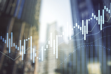 Multi exposure of abstract financial chart on office buildings background, research and analytics concept