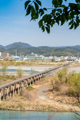 Fototapeta na wymiar A houraibashi bridge, a long wooden bridge over the oi river in shimada city,