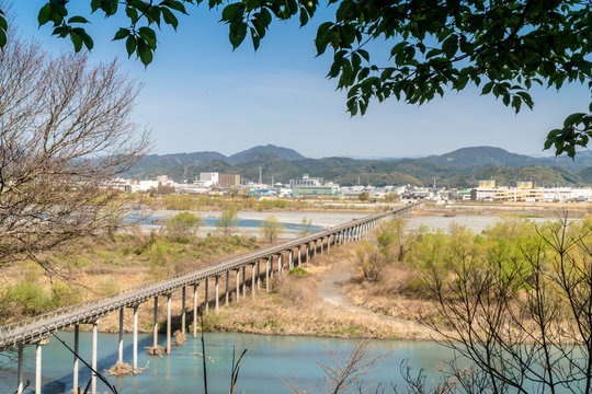 A houraibashi bridge, a long wooden bridge over the oi river in shimada city,