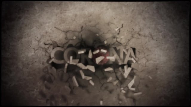 Agressive Coronavirus outbreak headline logo 3D intro text animation. Animated corona text with a virus cell breaking though the wall.