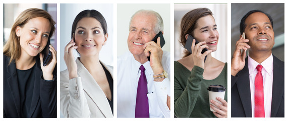 Happy cheerful men and women speaking on smartphone portrait set. People of different ages and races with mobile phone multiple shot collage. Communication concept