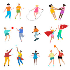 Set of happy children playing various kinds of sport and game activities. Vector illustration in flat cartoon style