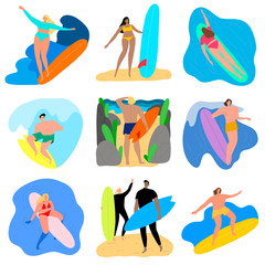 Set of surfers men and women characters with surfboards in different poses riding on waves. Vector illustration in flat cartoon style