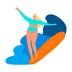 Surfer girl character in a blue swimsuit with surfboard riding on waves. Vector illustration in flat cartoon style