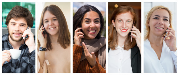 Joyful happy people talking on cells portrait set. Young men and women with mobile phones multiple...