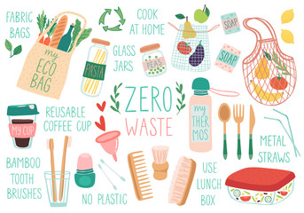 Zero Waste wiederverwendbare Artikel, Set aus umweltfreundlichen Taschen, Bürsten, Bechern, Jurs. © avian