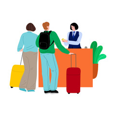 Tourists man and woman standing with travel stroller suitcases in the hotel reception. Vector illustration in flat cartoon style