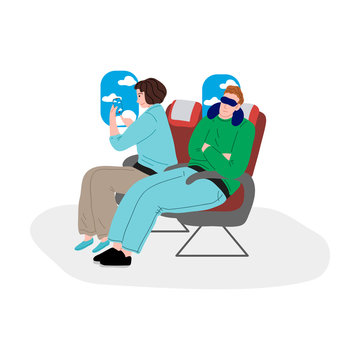 Happy tourist man and woman are sitting in airplane seats. Vector illustration in flat cartoon style.