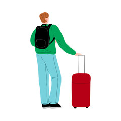The brown-haired man standing with a red travel stroller suitcase back view. Vector illustration in flat cartoon style.