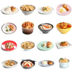 Collage with tasty boiled rice, chicken and vegetables on white background
