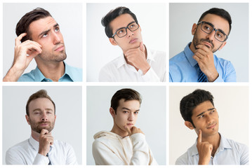 Fototapeta premium Pensive multiracial student guys touching chin portrait set. Young men of different races multiple shot collage. Human emotions concept