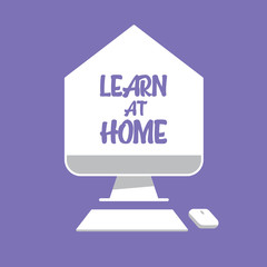 Learn at home text in computer screen illustration. E-learning  message for quarantine times in coronavirus pandemic outbreak. Online education symbol. 
