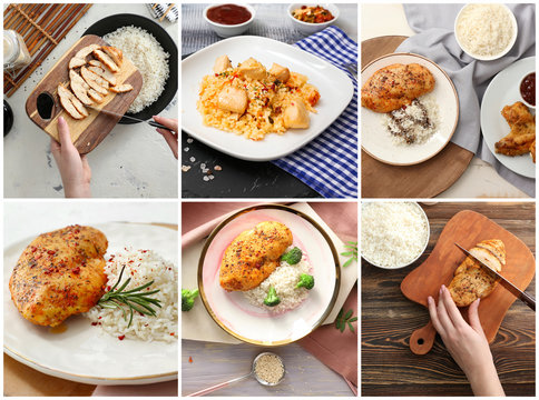 Collage of photos with tasty boiled rice and chicken