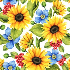 Floral seamless pattern with decorative sunflowers, poppies, berries, flowers and leaves.