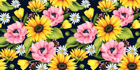  Floral seamless pattern with decorative sunflowers, poppies, daisies and leaves.