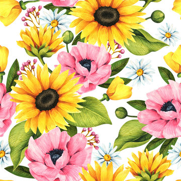 Floral seamless pattern with decorative sunflowers, poppies, daisies and leaves.