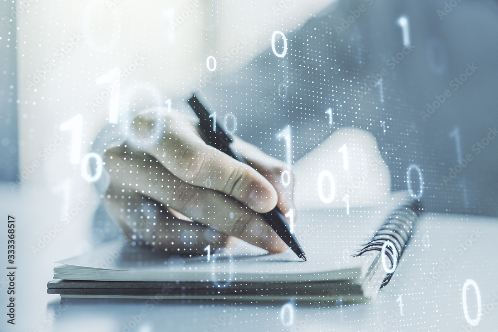 Leinwandbilder double exposure of creative abstract binary code hologram and man hand writing in notebook on backgr