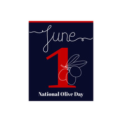 Calendar sheet, vector illustration on the theme of National Olive Day. June 1. Decorated with a handwritten inscription - JUNE and stylized linear olive.