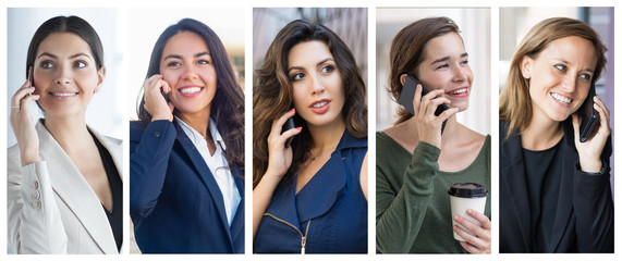Pensive cheerful ladies speaking on cellphone portrait set. Beautiful young women with mobile phones multiple shot collage. Communication concept