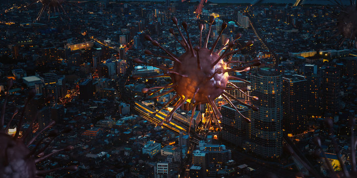 Corona virus covid-19 over the city night view, it's a concept of the virus spread in big city, 3d rendering background.
