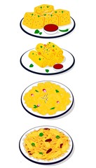 Namkeen Farsan,Khaman,Chivda,Dhokla,Khandvi,Sev Khamani indian snacks Vector