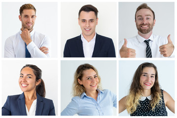 Fototapeta premium Positive business people portrait set. Happy young men and women in office clothes smiling at camera. Multiple shot collage. Human emotions concept