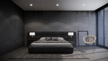 interior of black bedroom with modern and loft style, 3d rendering background